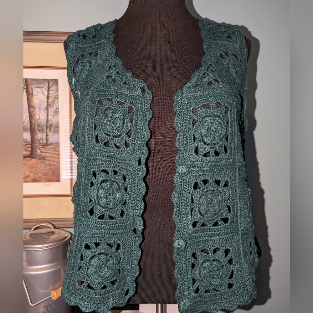 Cherry Stix Ltd. handmade knit/crochet vest, dark green, OS